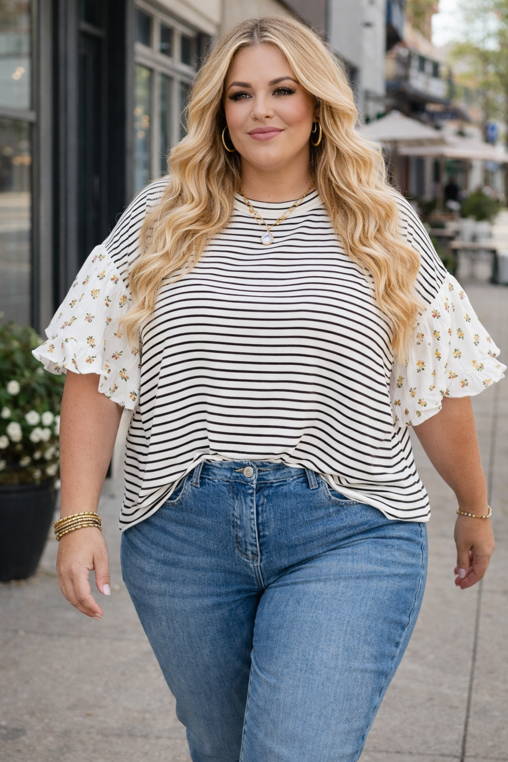 Striped Top with Floral Ruffle Sleeves