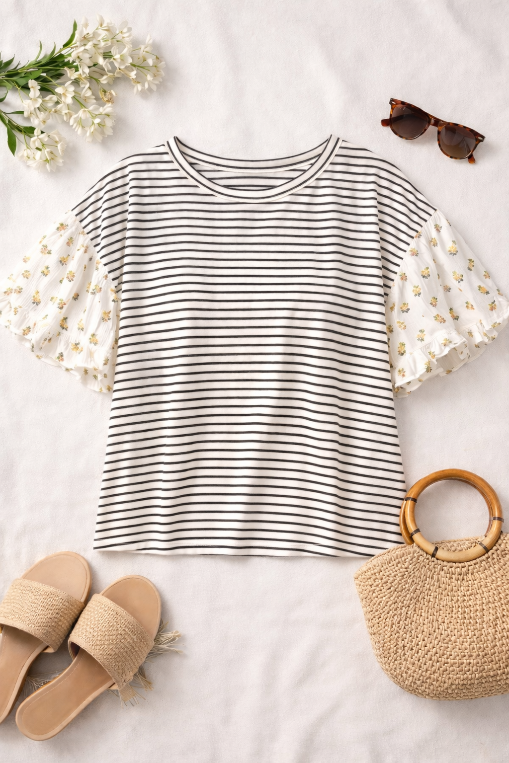 Striped Top with Floral Ruffle Sleeves