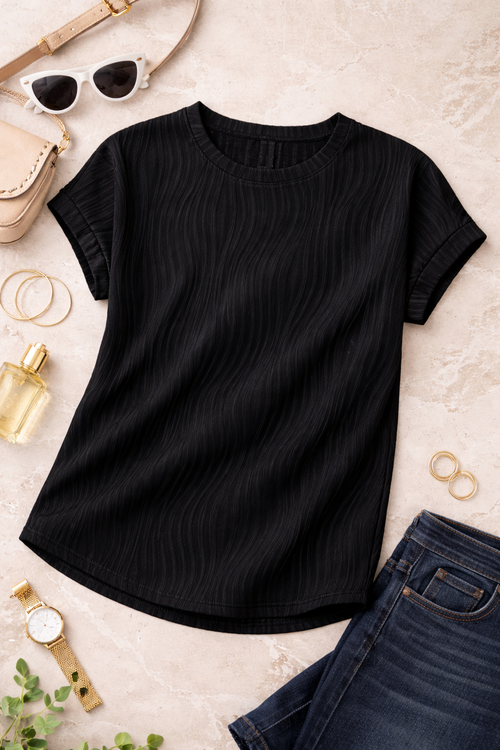 Black Textured Wavy Top
